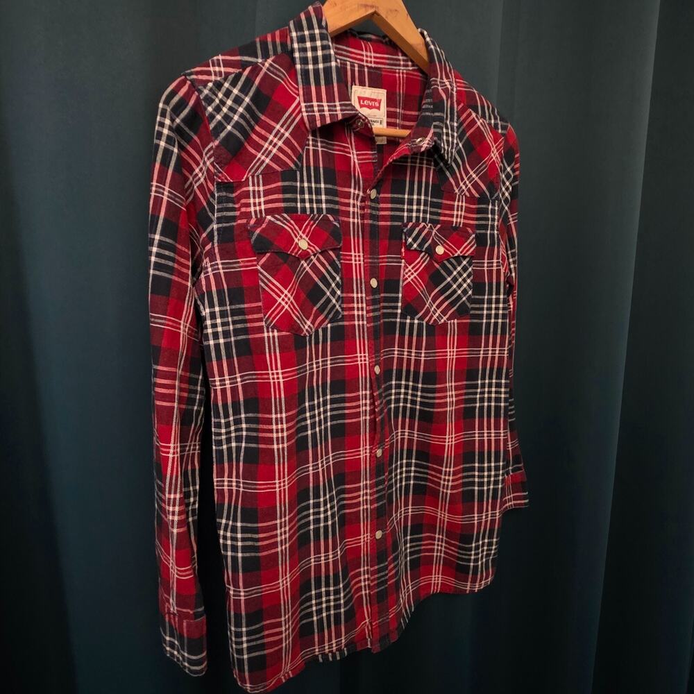 Levi's Shirt Boys Large (12-13) Red Blue Plaid Western Rodeo Pearl Snap